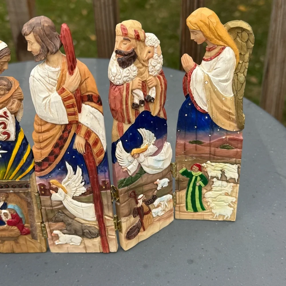 VTG Christmas Nativity Hand Painted Hinged Fence Intricate Carved Detail